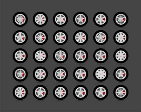 30款汽车轮胎和不同形状的铝合金轮毂红色刹车卡钳侧面图png图片免抠矢量素材