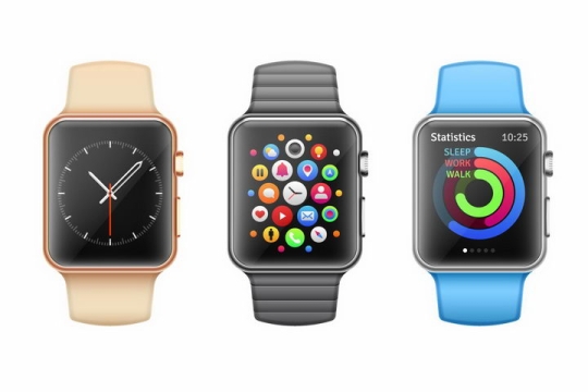 3种颜色表带的苹果智能手表iWatch png图片免抠矢量素材