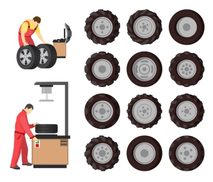 各种汽车卡车拖拉机轮胎和换轮胎的汽修工人png图片免抠矢量素材