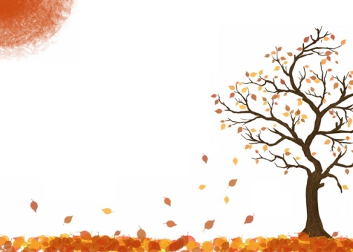 深秋时节大树和落叶以及红色太阳手绘插画898887png图片素材