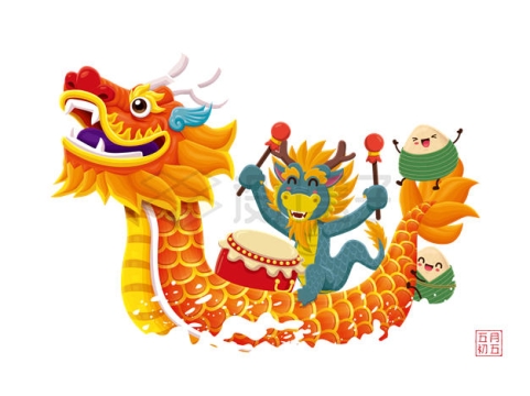 龙年端午节划龙舟敲鼓的卡通中国龙4003871矢量图片免抠素材