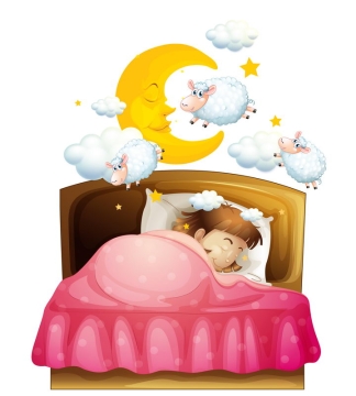 在床上睡觉的卡通小女孩数着绵羊图片免抠矢量图素材