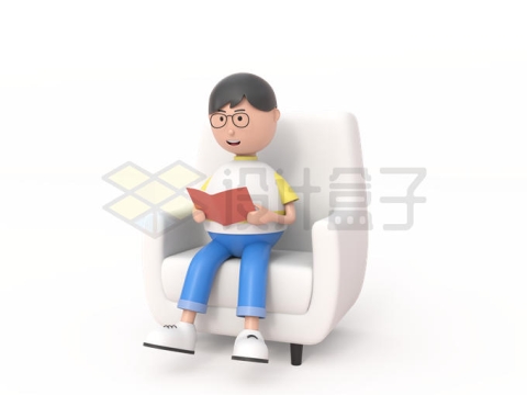 3D风格卡通男孩坐在沙发上看书3924901PSD免抠图片素材