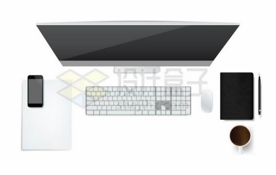 俯视视角的苹果iMac Pro设计师电脑和手机记事本电脑桌物品9141905矢量图片免抠素材