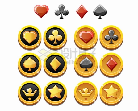 黑色和金色组合的卡通扑克牌符号硬币黑桃方块梅花红桃png图片素材