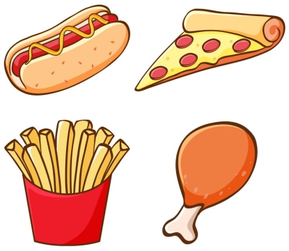 热狗披萨薯条和鸡腿等卡通西餐美食图片免抠矢量图素材