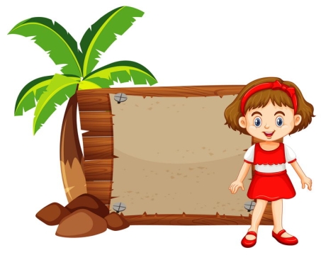 椰子树和卡通小女孩木板文本框图片免抠矢量素材