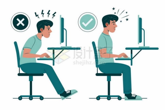 卡通男人用电脑时的错误和正确坐姿3358844矢量图片免抠素材免费下载