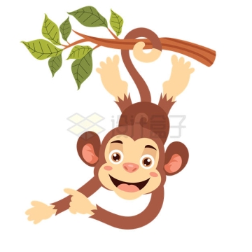 卡通小猴子尾巴卷在树枝上玩耍7331381矢量图片免抠素材