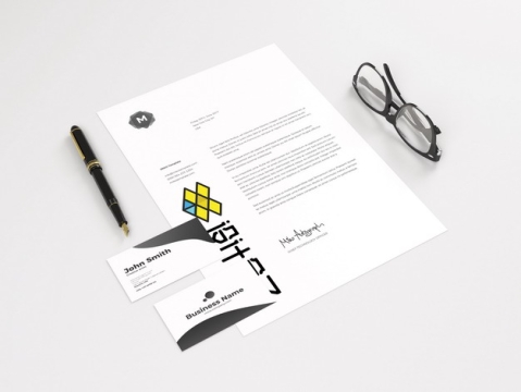 一张A4纸上的文字logo图案和名片钢笔眼镜psd样机图片模板素材