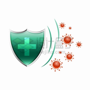 绿色盾牌免疫系统将新型冠状病毒挡在外面png图片免抠矢量素材