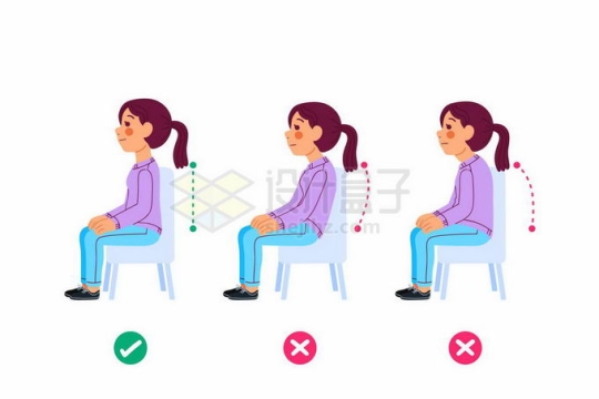 卡通女孩坐着的正确和错误坐姿以及对脊柱的影响对比图1533030矢量图片免抠素材免费下载