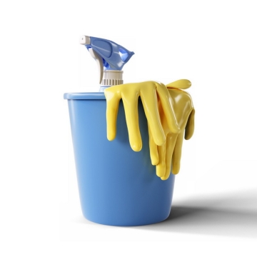 蓝色塑料水桶上的洗涤剂瓶子和黄色橡胶手套369440png图片素材