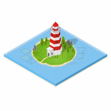 2.5D风格蓝色海面小岛上的灯塔建筑4215416矢量图片免抠素材