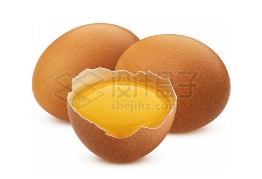 三颗鸡蛋和打碎的一半蛋壳中的蛋黄3685978图片免抠素材