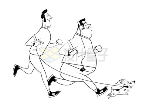 卡通瘦子和胖子一边跑步一边遛狗插画2139782eps矢量图片免抠素材