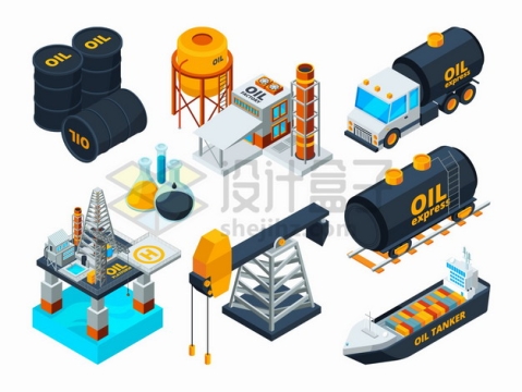 石油桶油罐车海上钻井平台石油开采炼油厂油轮等石油工业png图片素材