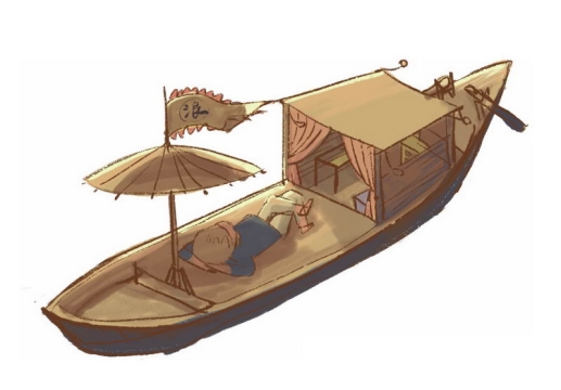 复古风格的小船和躺着休息的船夫中国传统插画4154470图片素材