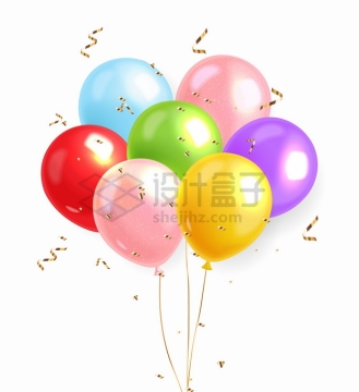 一捆蓝色粉色红色绿色黄色紫色气球和飘落的金色丝带png图片素材