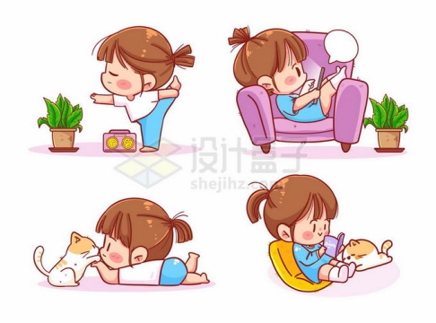 超可爱的卡通女孩练瑜伽躺在沙发玩手机逗猫和躺着看书6937107矢量图片免抠素材