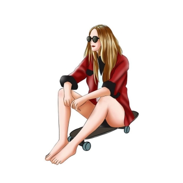 戴墨镜的红衣女孩露出大长腿坐在滑板上手绘插画6920584PSD图片免抠素材