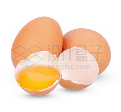三颗鸡蛋和打碎的一半蛋壳中的蛋黄6799532图片免抠素材