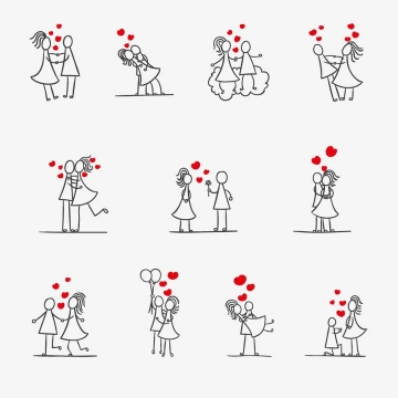 手绘线条卡通小人红心情侣情人节图片免抠矢量素材