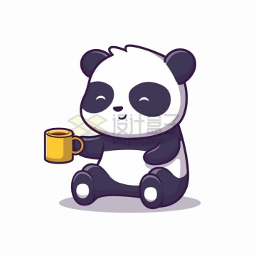 超可爱卡通熊猫端着咖啡杯喝咖啡png图片素材