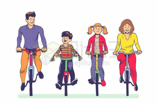 一家四口骑着自行车快乐的郊游春游插画7627948矢量图片免抠素材
