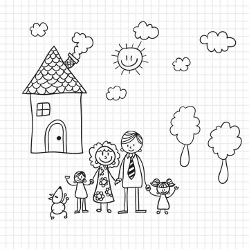 幸福的一家人爸爸妈妈姐姐妹妹还有房子简笔画儿童绘画图片免抠矢量素材