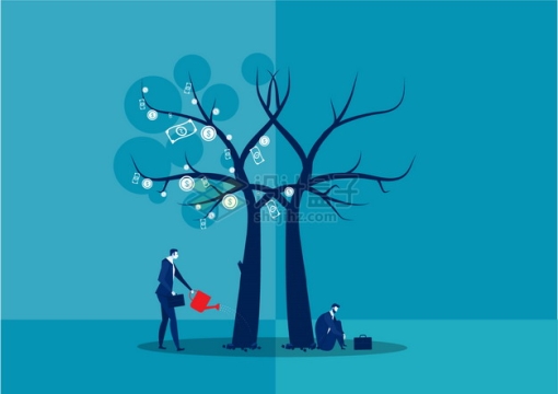 两个商务人士种植摇钱树一个成功一个失败象征了投资的风险投资理财插画png图片素材