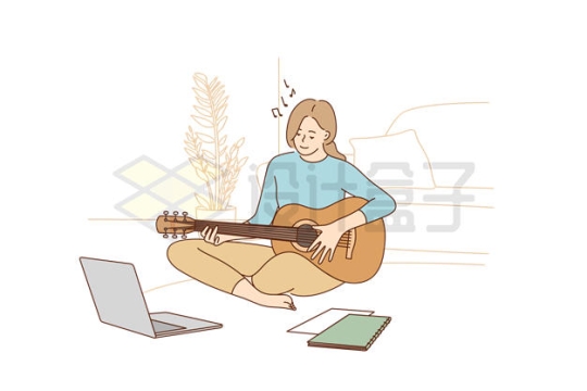 卡通女孩盘坐在地上弹吉他谱曲插画2070227矢量图片免抠素材