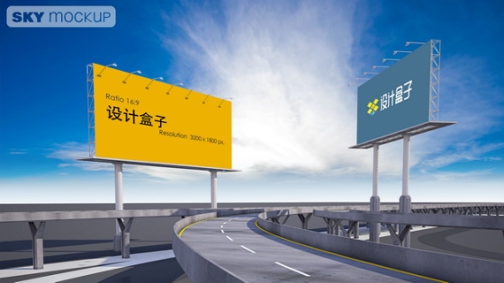 高速公路高架桥上的高立柱广告牌psd样机图片模板素材