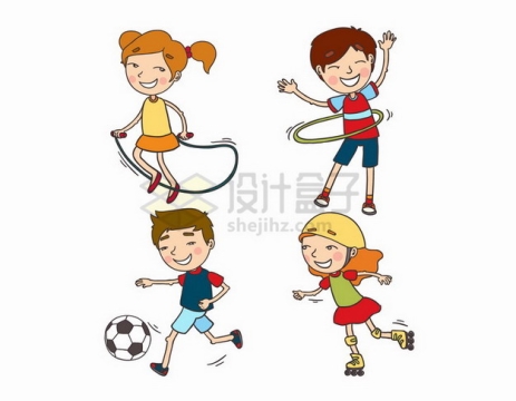 玩跳绳呼啦圈踢足球滑轮的卡通小朋友六一儿童节png免抠图片素材
