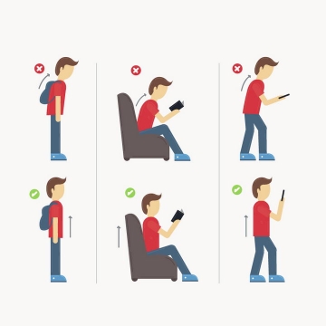 双肩背包坐下来和站着玩手机的正确与错误姿势对比图图片免抠素材