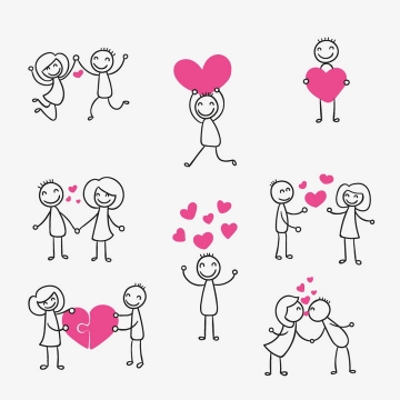 8款手绘线条卡通小人红心情侣爱情情人节图片免抠矢量素材
