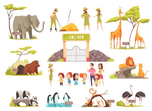 卡通风格大象长颈鹿野猪狮子大熊猫企鹅鸵鸟猴子等动物园动物和管理员图片免抠矢量素材