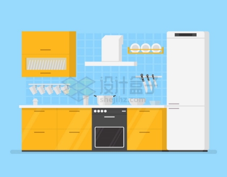 黄色的橱柜白色的电冰箱厨房装修扁平插画png图片素材