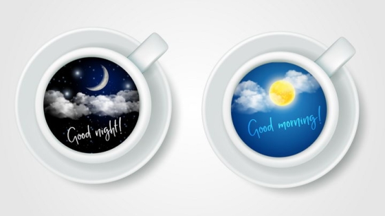 创意早上好和晚安俯视视角咖啡杯图片免抠素材