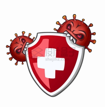 红色的卡通新型冠状病毒正在咬红十字防护盾png图片免抠矢量素材