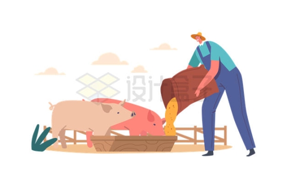 卡通农民正在喂猪扁平化插画5101147矢量图片免抠素材