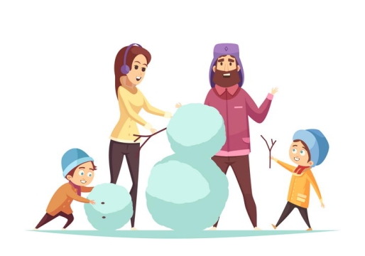 冬天里正在堆雪人的爸爸妈妈孩子卡通一家四口一家人图片免抠矢量素材
