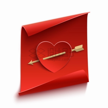 卷曲的3D红纸上的被箭射穿的红心情人节png图片素材