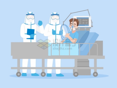 卡通医生用呼吸机治疗病床上的新型冠状病毒肺炎病人png图片素材