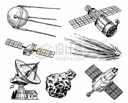 各种人造卫星太空望远镜陨石流星射电望远镜小行星和侦查卫星手绘素描插画1475688矢量图片免抠素材