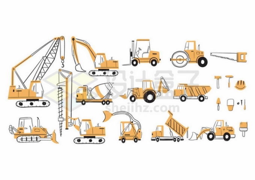 各种起重机挖掘机铲车压路机打桩机卡车等工程机械插画4997233矢量图片免抠素材
