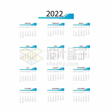 蓝色风格2022年日历全年表挂历8653325矢量图片免抠素材