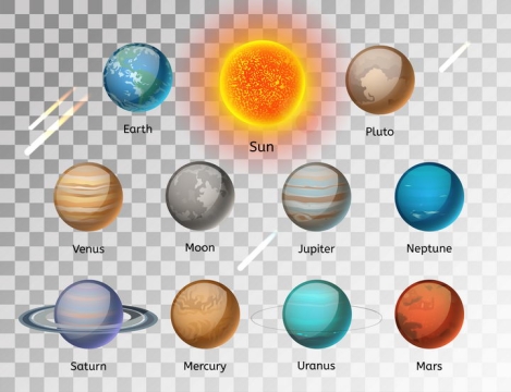 11款水晶风格太阳系九大行星和月球天文科普图片免抠素材