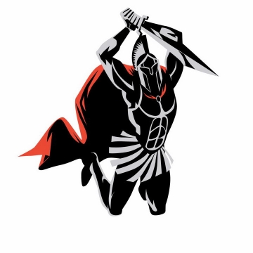 黑色披着红色披肩的漫画古罗马战士角斗士正跳起来用利剑砍人png图片免抠矢量素材