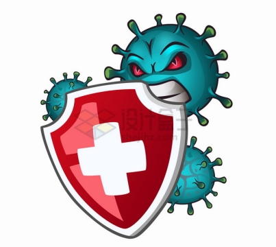 绿色的卡通新型冠状病毒正在咬红十字防护盾png图片免抠矢量素材